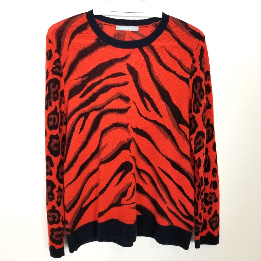 Hannah Rose Women Sweater Women Sz M Cashmere‎ Animal Print Red Black Pullover